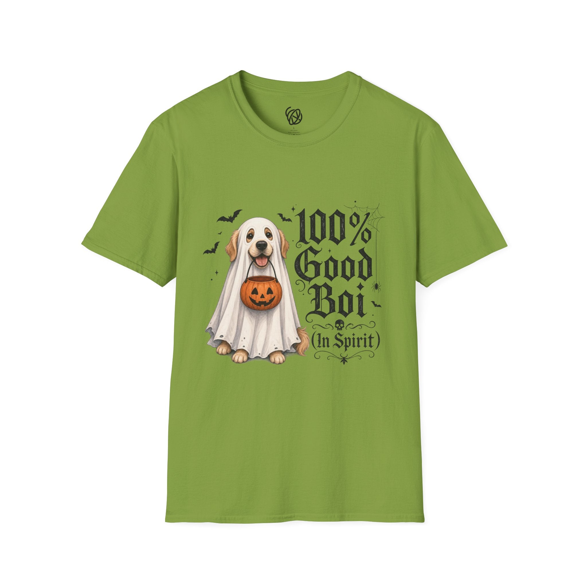 Halloween Dog T-Shirt - "100% Good Boi" Ghost Puppy with Pumpkin