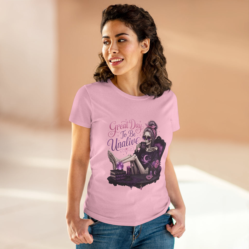 Vintage Gothic Tee — "Great Day To Be Unalive" Skeleton Lounge Shirt