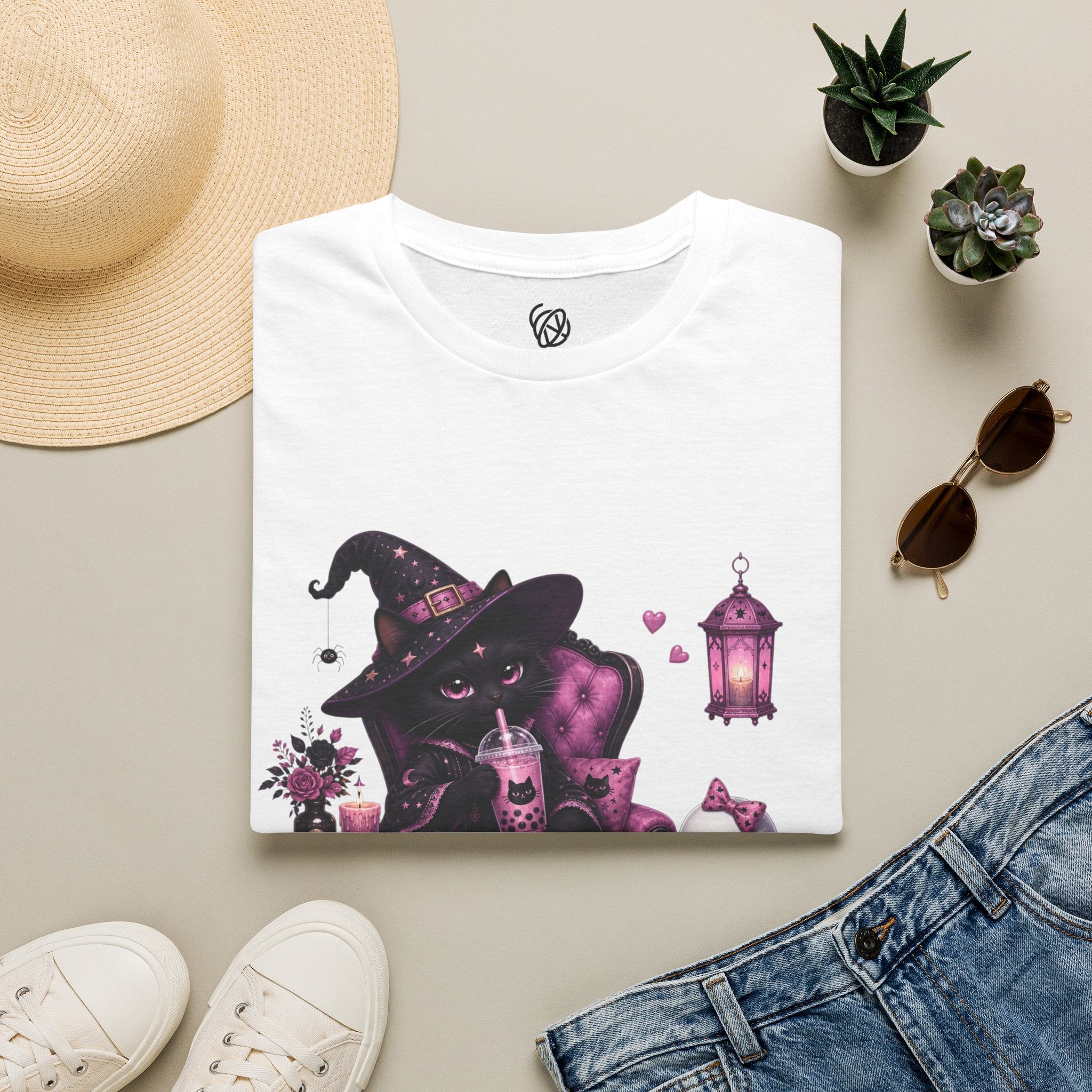 Witch Cat Graphic T-Shirt — Cute Halloween Cat with Lantern & Pumpkin