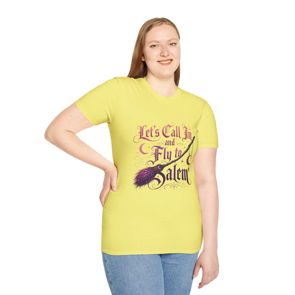 Let's Call In and Fly to Salem T-Shirt — Witchy Broomstick Gothic Tee