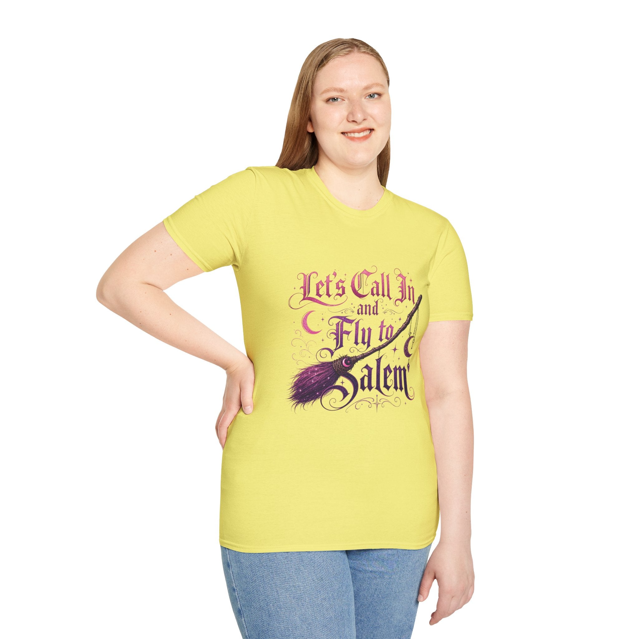 Let's Call In and Fly to Salem T-Shirt — Witchy Broomstick Gothic Tee