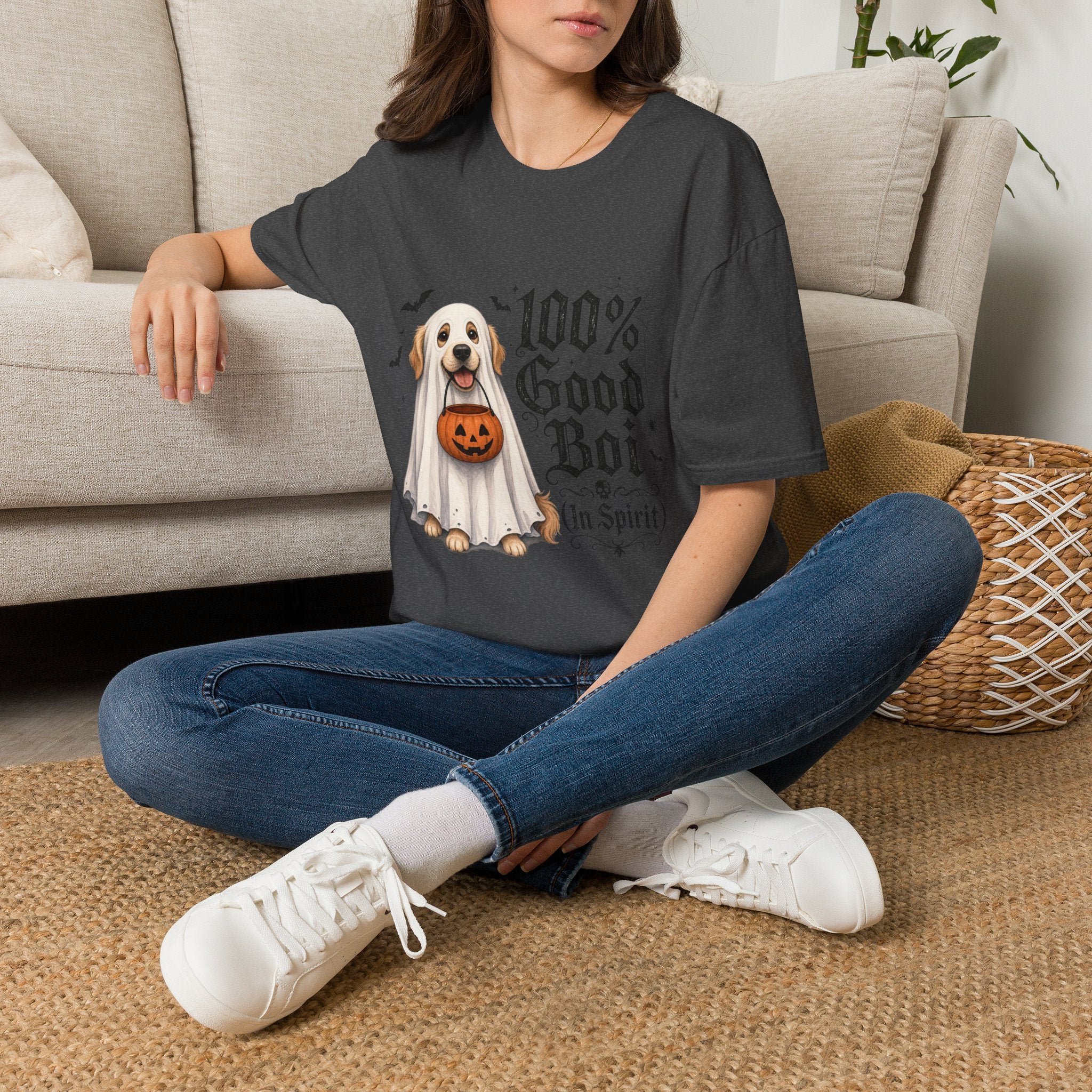 Halloween Dog T-Shirt - "100% Good Boi" Ghost Puppy with Pumpkin