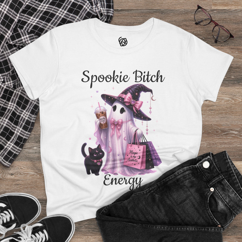 Spooky Bitch Energy Tee — Cute Witch Ghost Halloween T‑Shirt for Women