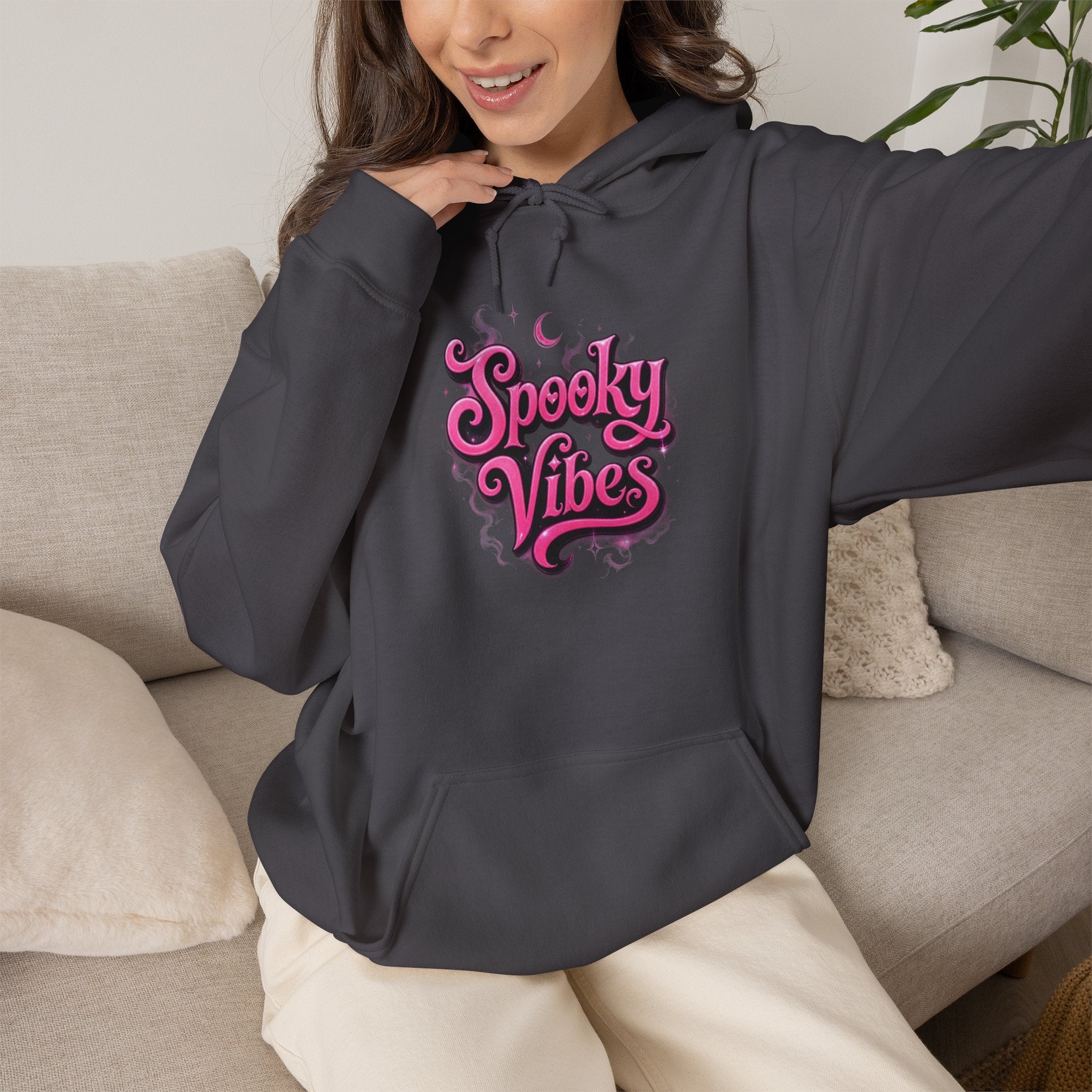 Spooky Vibes Hoodie — Retro Pink Halloween Graphic Sweatshirt