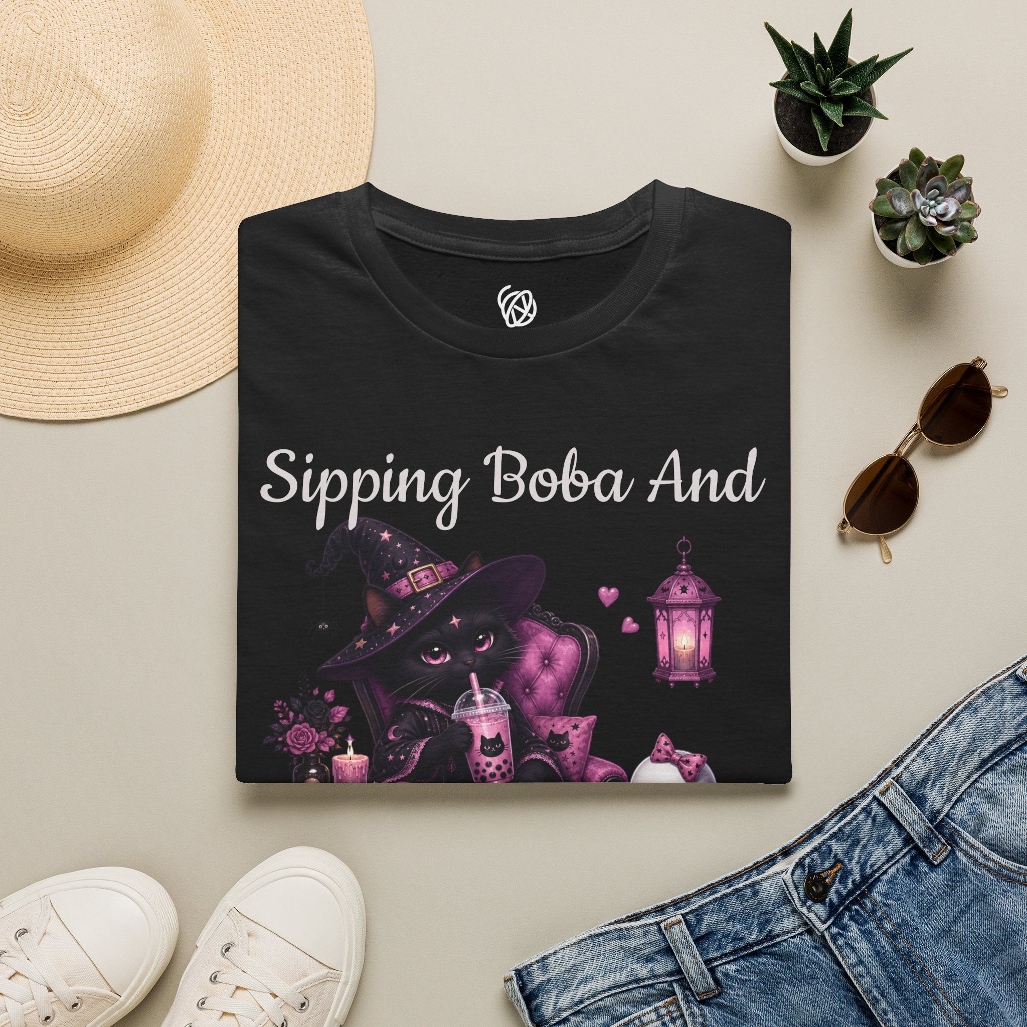 Witch Cat Graphic T-Shirt — Cute Halloween Cat with Lantern & Pumpkin