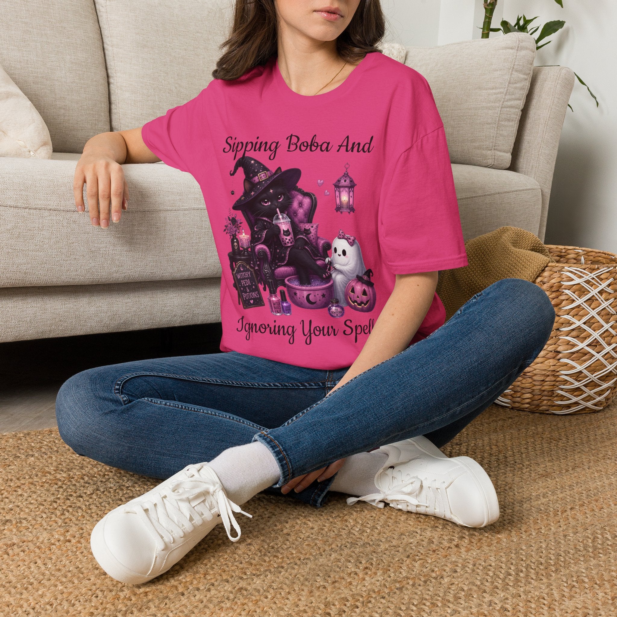 Witch Cat Graphic T-Shirt — Cute Halloween Cat with Lantern & Pumpkin