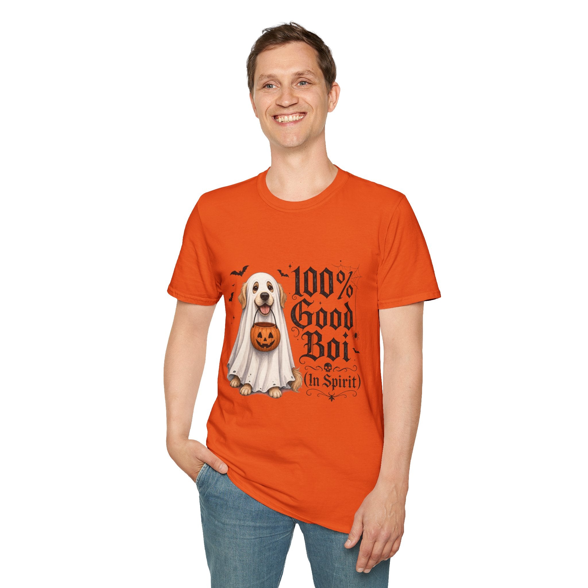Halloween Dog T-Shirt - "100% Good Boi" Ghost Puppy with Pumpkin